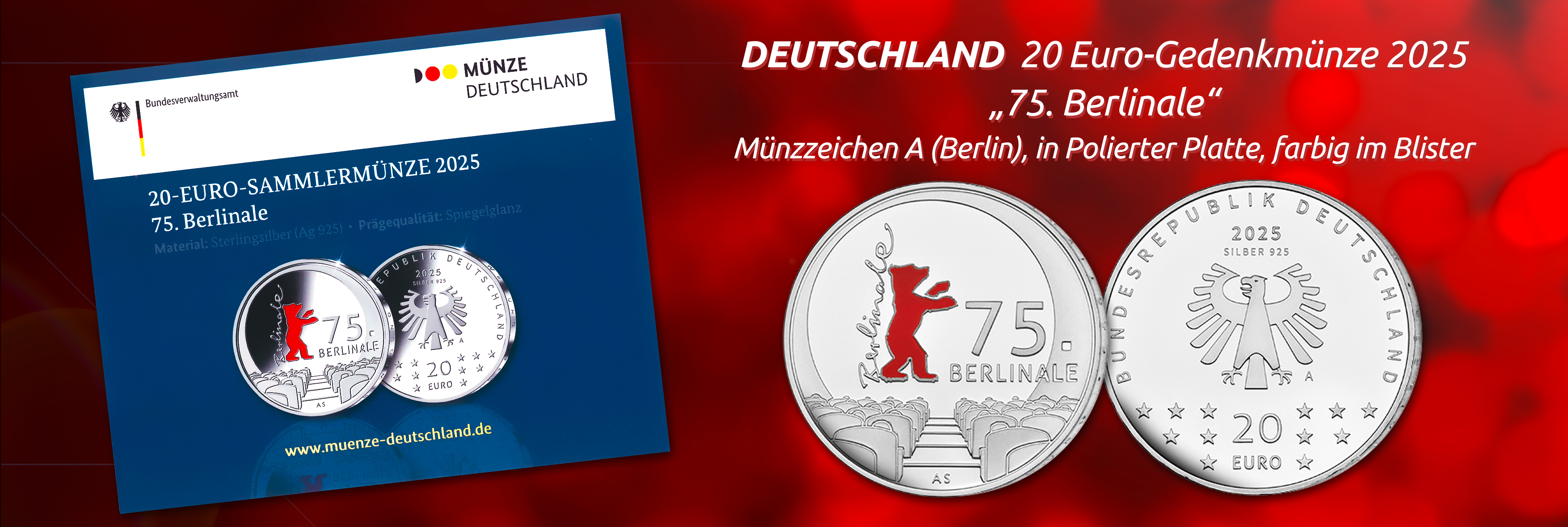 Deutschland - 20 Euro-Gedenkmünze 2025, 75. Berlinale, Münzzeichen A (Berlin), in Polierter Platte, farbig im Blister