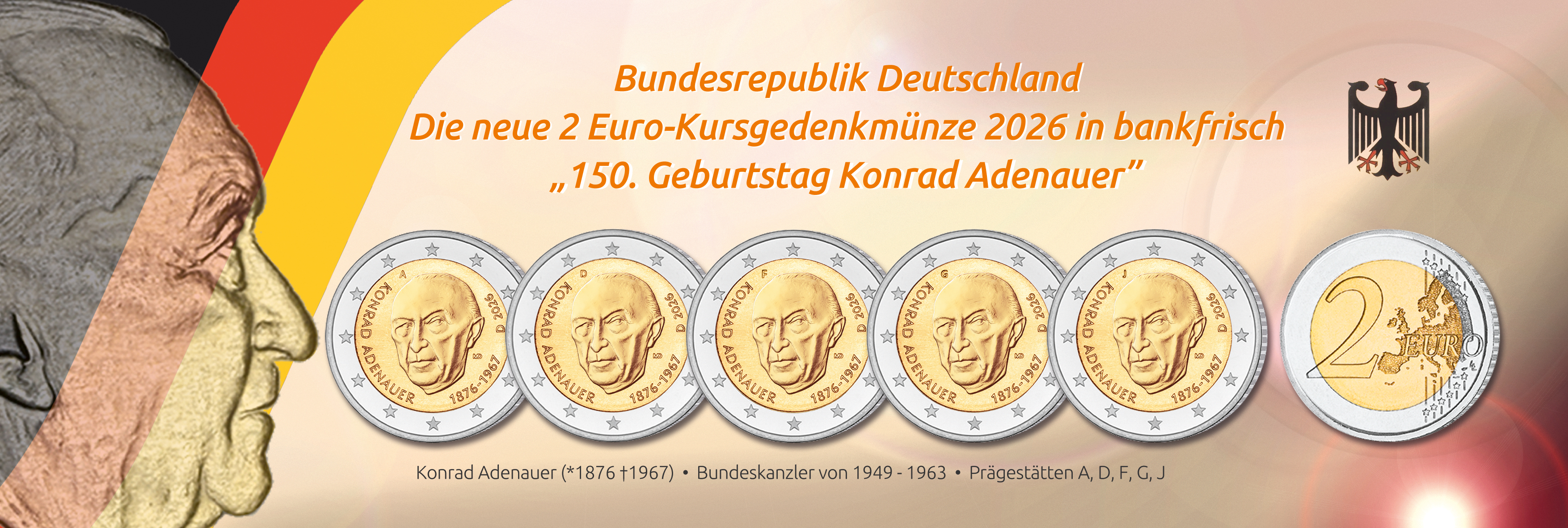 Deutschland, 2 Euro Kursgedenkmünze 2026 in bankfrisch, 150. Geburtstag Konrad Adenauer