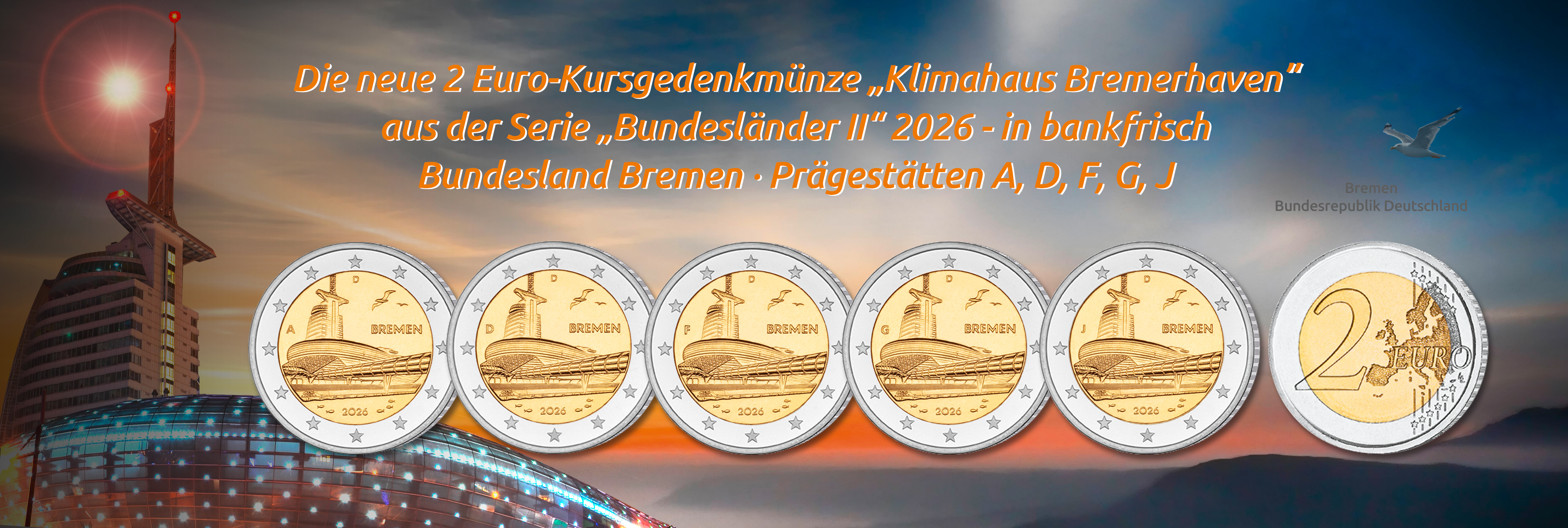 Deutschland, 2 Euro Kursgedenkmünze 2026 in bankfrisch, Klimahaus Bremerhaven, Prägestätten A, D, F, G, J
