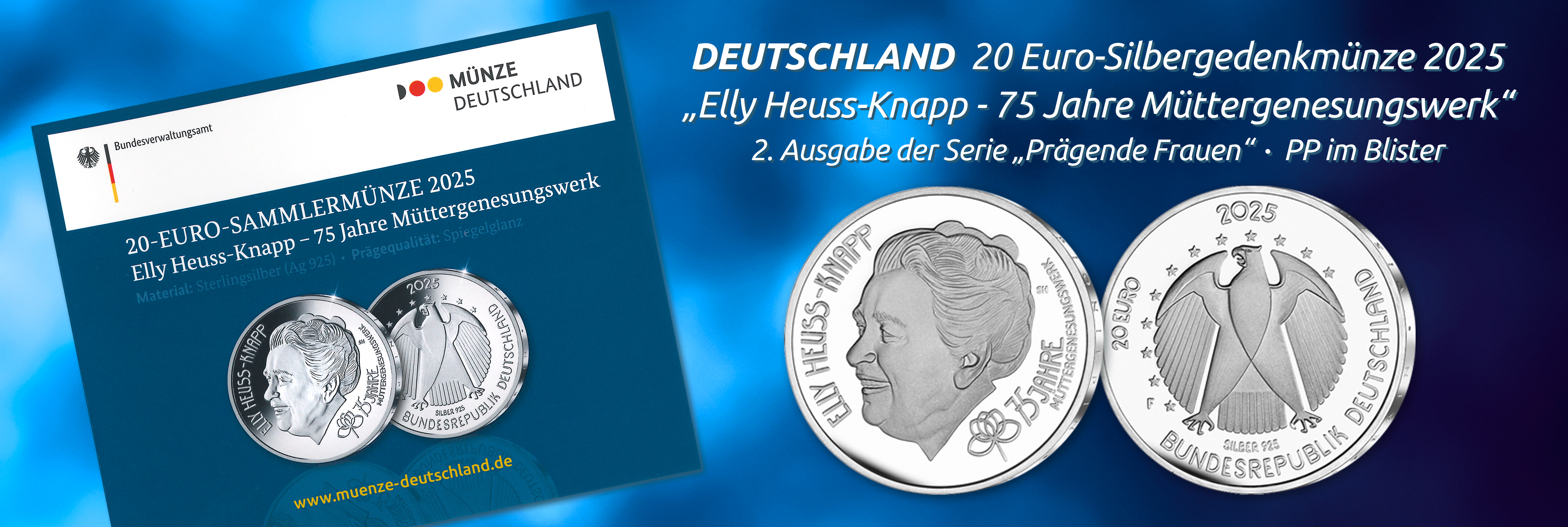 Deutschland, 20 Euro 2025 F Silber PP Blister, Elly Heuss-Knapp, 75 Jahre Müttergenesungswerk