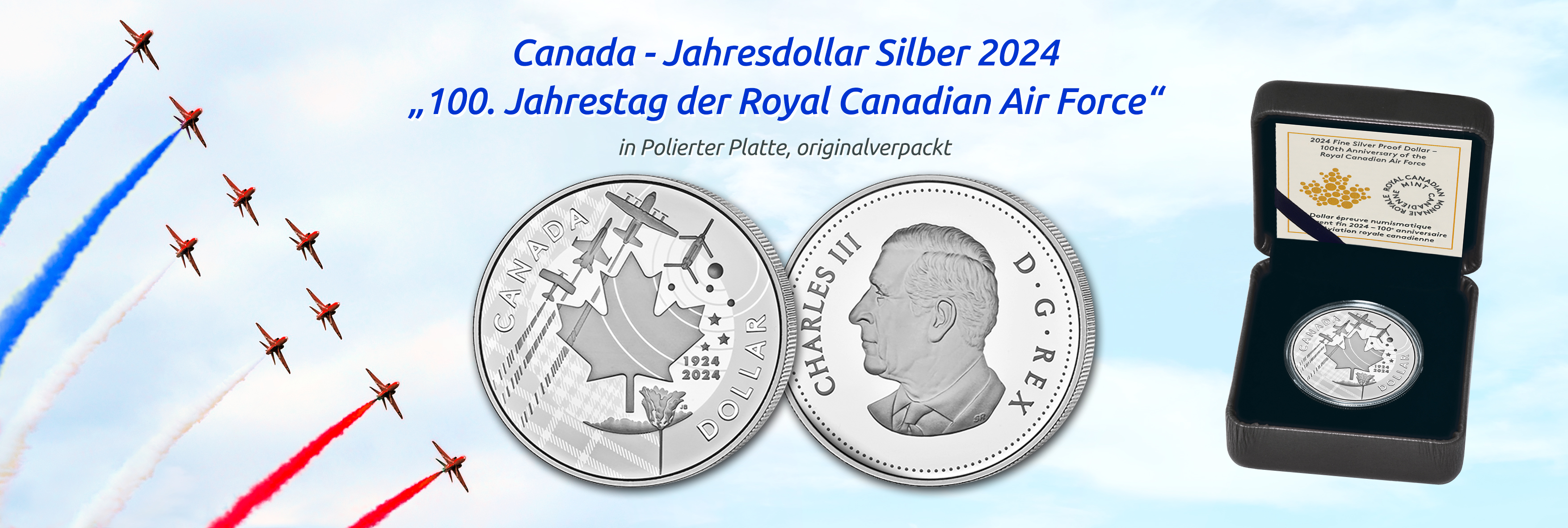Canada - 1 Dollar Silbermünze 2024 in Polierter Platte, Royal Canadian Air Force, Jahresdollar, Rückseite König Charles III.