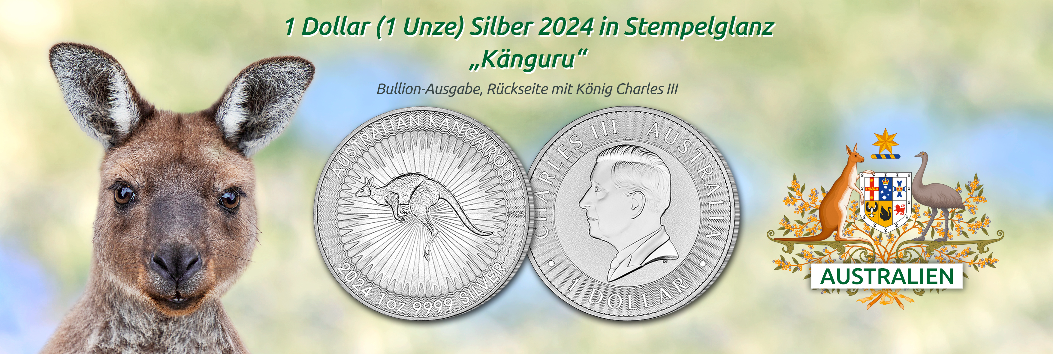 Australien - 1 Dollar Silbermünze 2024 in Stempelglanz, Känguru, 1 Unze Bullion-Ausgabe, Rückseite König Charles III.