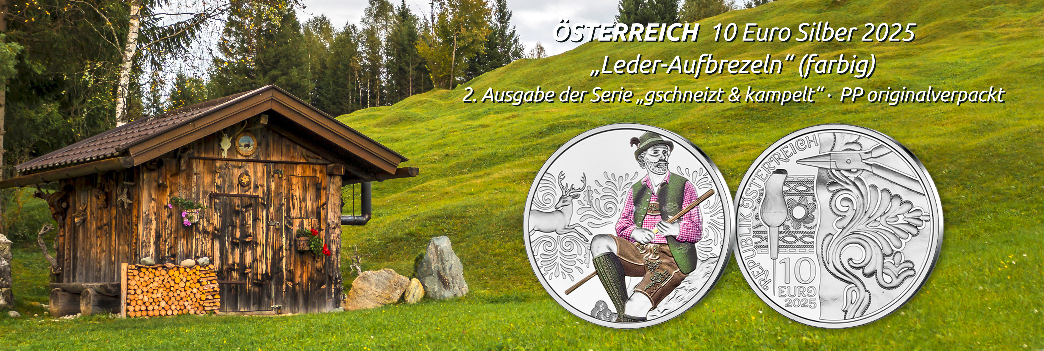 Österreich, 10 Euro 2025 Silber PP OVP, Leder-Aufbrezeln, 2. Ausgabe der Serie gschneizt&kampelt