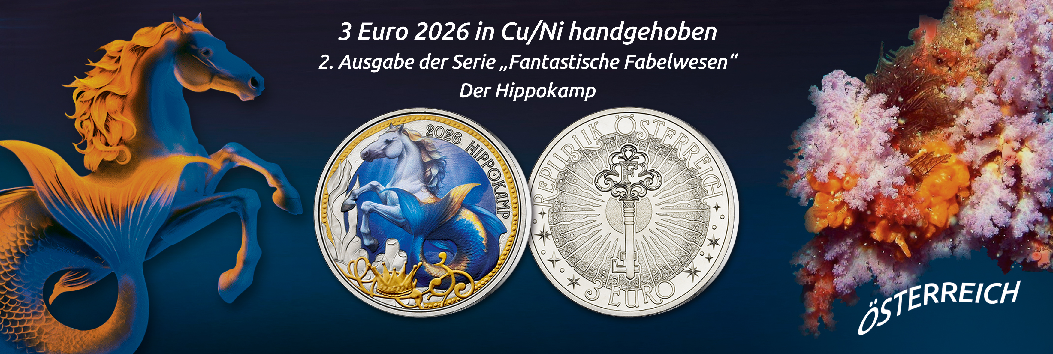 Österreich, 3 Euro 2026 CuNi handgehoben, der Hippokamp, 2. Ausgabe der Serie Fantastische Fabelwesen